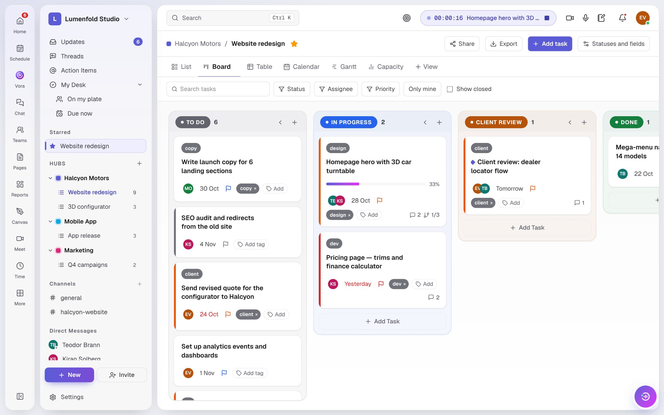 Board view with tasks moving across columns