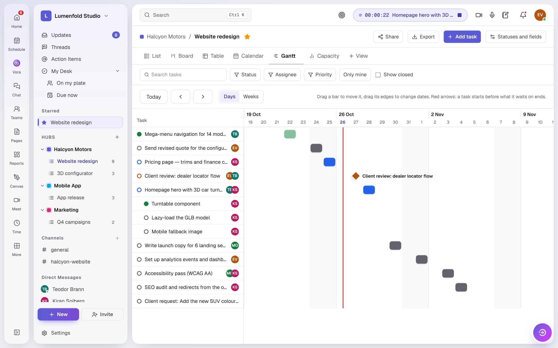 Gantt timeline of a website project