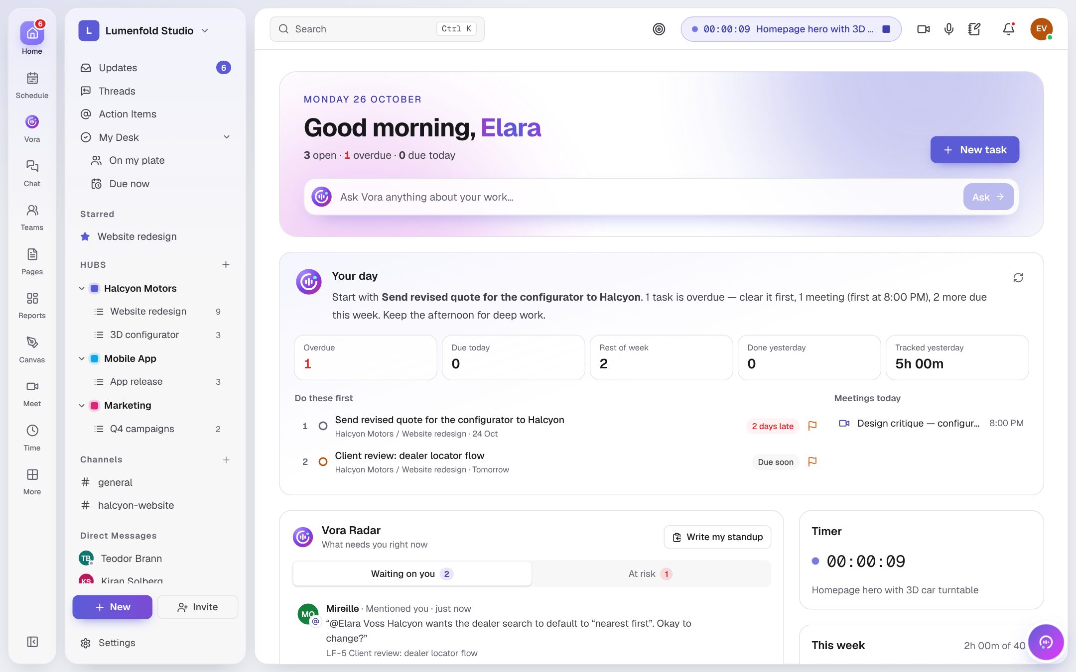 Vorlio home: today's plan from Vora, tasks due, meetings and a running timer