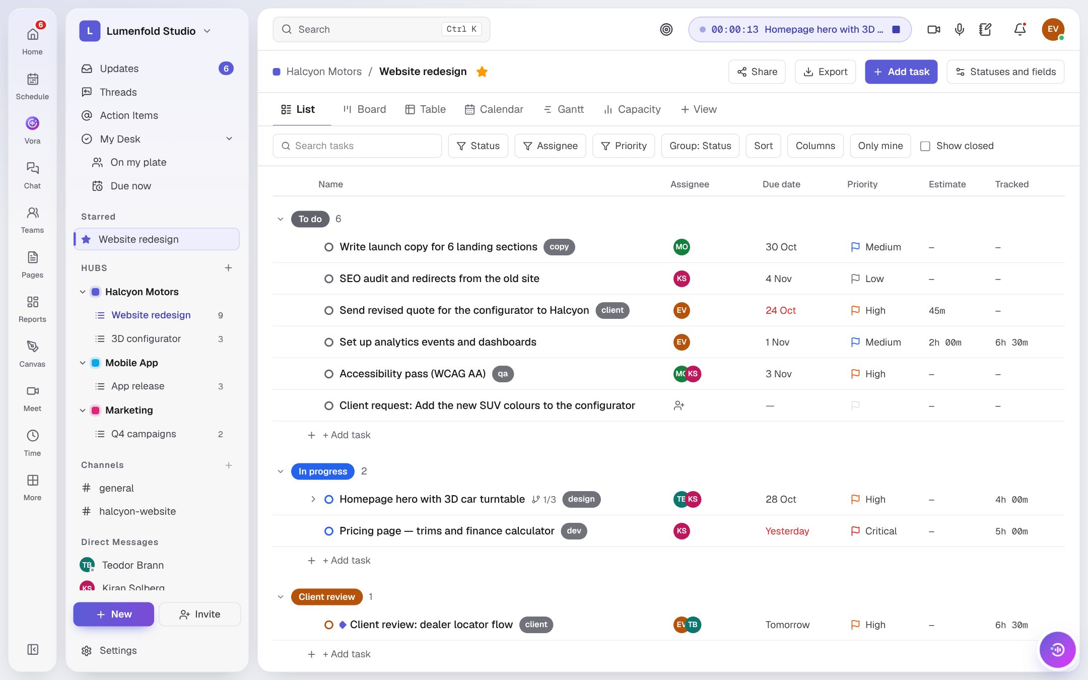 List view of a project with statuses and owners